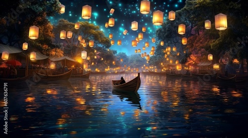 A boat floating on top of a river under lanterns. Generative ai © NK