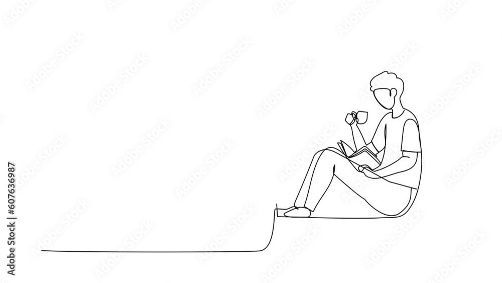 Animated self drawing of continuous line draw man on windowsill with cup of hot coffee, tea. Stay at home, reading book. Enjoy atmosphere of day in window of room. Full length single line animation Animated self drawing of continuous line draw man on windowsill with cup of hot coffee, tea. Stay at home, reading book. Enjoy atmosphere of day in window of room. Full length single line animation