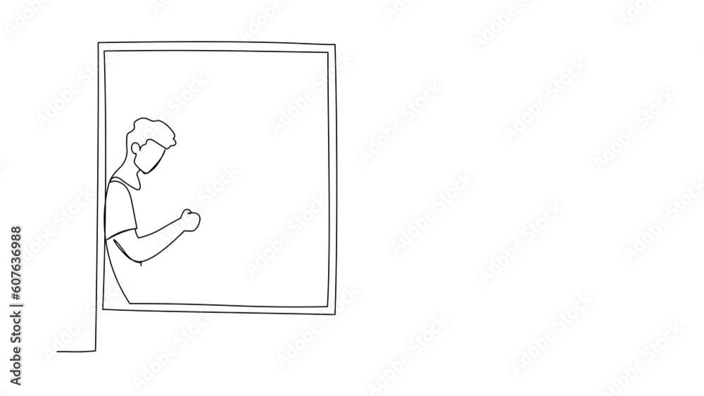 Animated self drawing of continuous line draw comfortable relaxing at home with smartphone and hot drink. Man sitting on windowsill with coffee, enjoying rest at home. Full length one line animation