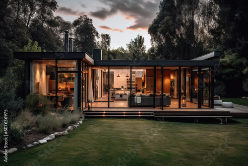 Foto A contemporary home with a large glass front, lawn and a patio, is seen in the evening