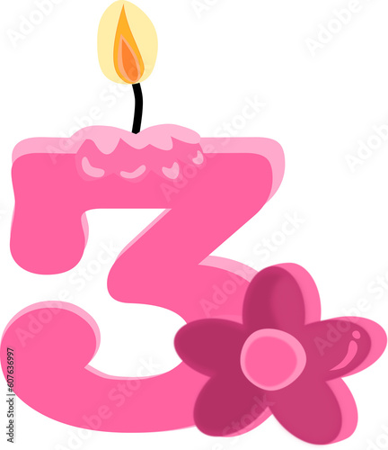 Pink three 3 number happy birthday candle and flower PNG illustration.