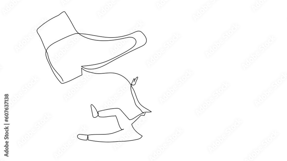 Animated self drawing of continuous line draw small businessman under the giant foot. Big foot in the shoe going to crush office worker. Minimalism metaphor concept. Full length one line animation Animated self drawing of continuous line draw small businessman under the giant foot. Big foot in the shoe going to crush office worker. Minimalism metaphor concept. Full length one line animation