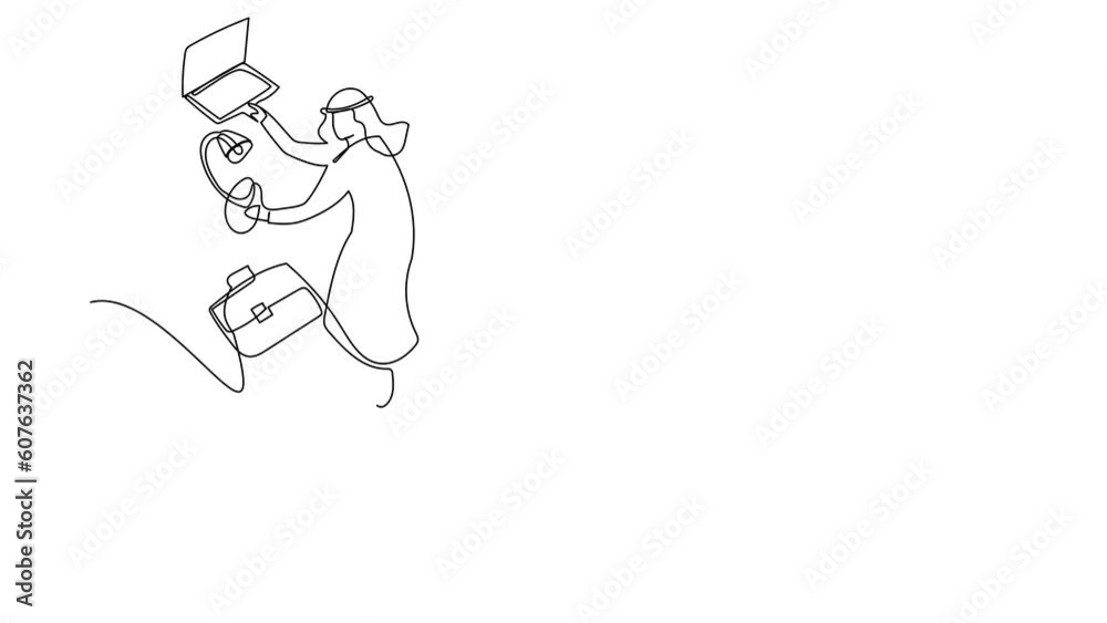 Self drawing animation of single line draw Arab businessman kicked out of work with office supplies. Office clerk being fired, Dismissal of staff. Minimal. Continuous line draw. Full length animated Self drawing animation of single line draw Arab businessman kicked out of work with office supplies. Office clerk being fired, Dismissal of staff. Minimal. Continuous line draw. Full length animated