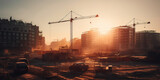 Illustration of a construction site with multiple cranes and a golden sunset. Generative AI