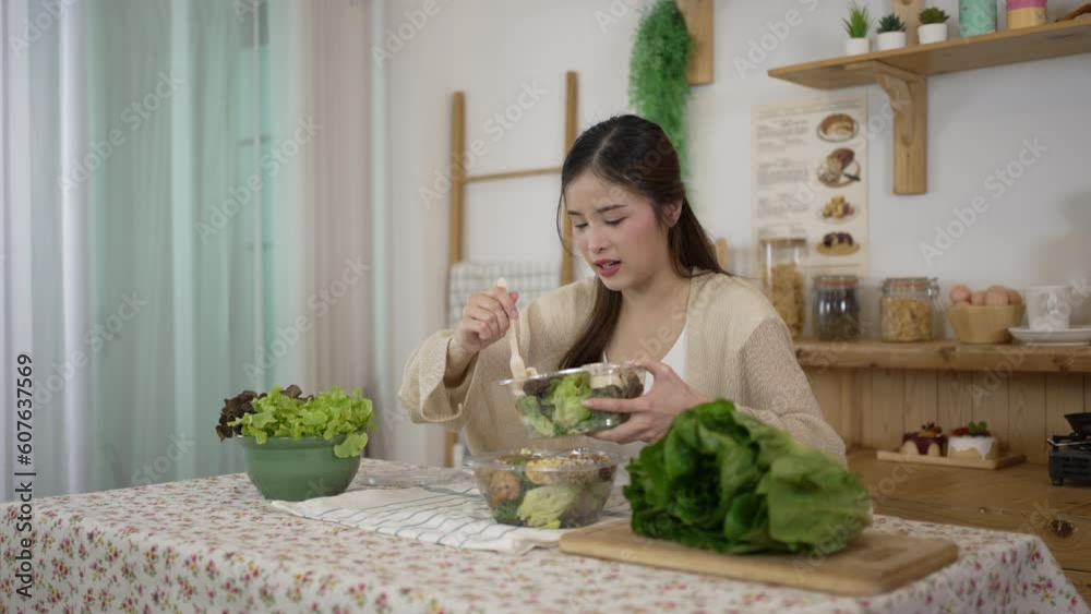 Pretty woman is livestreaming for sale healthy food. Pretty woman is livestreaming for sale healthy food.
