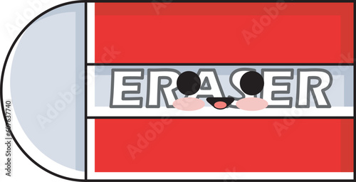 an eraser vector icon design which includes smiling eyes and mouth as additional cute objects, this design has the theme of school stationery