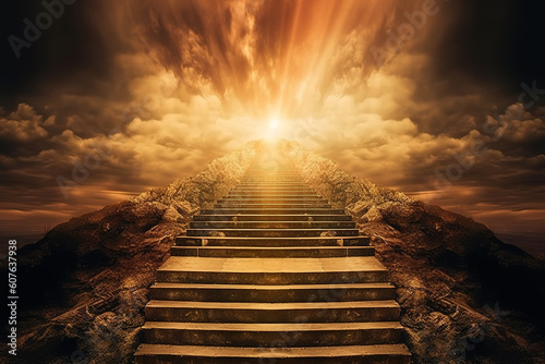 Stairway to heaven, bright heavenly light background religion wonderful sky the dawn sky born light solar flare up. God is great. Generative AI