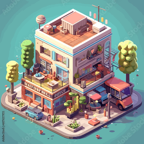 isometric view of the city and market.