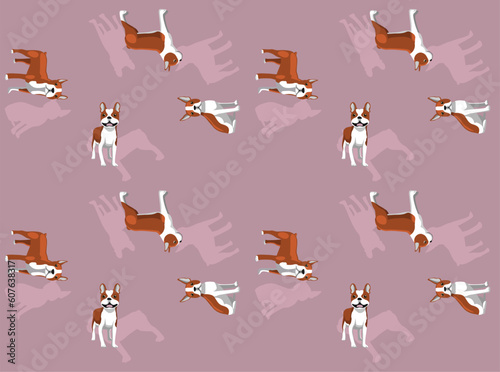 Boston Terrier Brown Coat Cute Cartoon Poses Seamless Wallpaper Background
