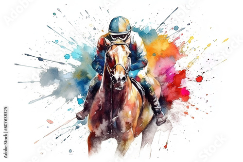 Abstract racing horse with jockey from splash of watercolors. Equestrian sport. Generative AI