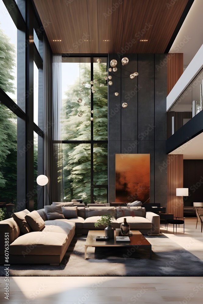 Fototapeta premium Showcasing a panoramic view through large floor-to-ceiling windows, this image invites viewers to imagine themselves enjoying a peaceful moment in this modern oasis