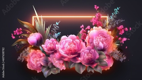 Vintage flowers with pink neon frame. Generative ai