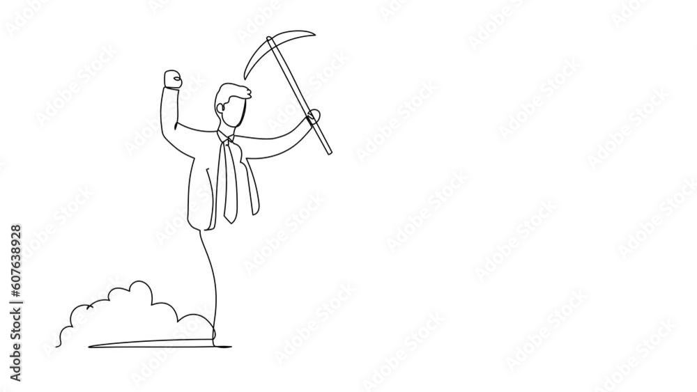 Animated self drawing of continuous line draw happy businessman in hole prancing while lifting pickaxe with hands. Male manager mining for diamond or precious stone. Full length single line animation Animated self drawing of continuous line draw happy businessman in hole prancing while lifting pickaxe with hands. Male manager mining for diamond or precious stone. Full length single line animation