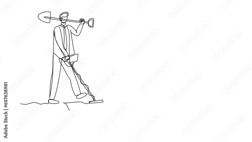Self drawing animation of single one line draw businessman with shovel, detector looking for pile of diamonds. Worker treasure hunter finding precious stone. Continuous line draw. Full length animated Self drawing animation of single one line draw businessman with shovel, detector looking for pile of diamonds. Worker treasure hunter finding precious stone. Continuous line draw. Full length animated