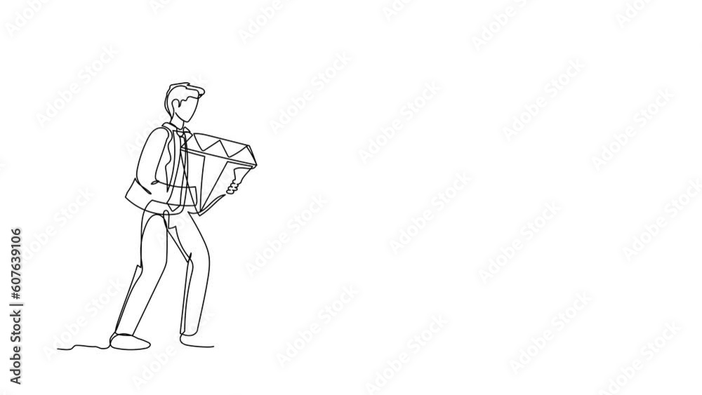 Animated self drawing of continuous line draw businessman walking and holding big diamond to digging hole. Man with precious stone. Successful business and finance. Full length single line animation Animated self drawing of continuous line draw businessman walking and holding big diamond to digging hole. Man with precious stone. Successful business and finance. Full length single line animation