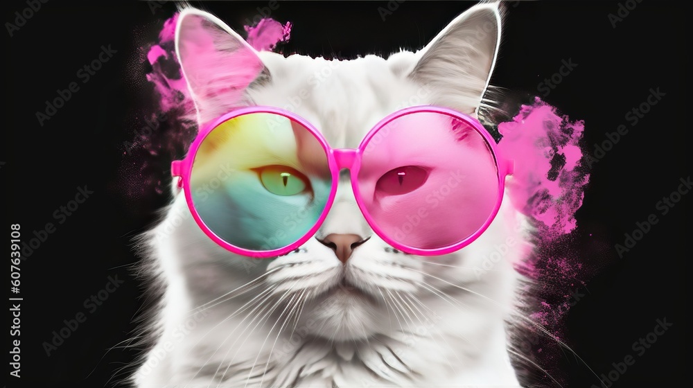 Abstract cat wearing glasses on black background. Generative ai