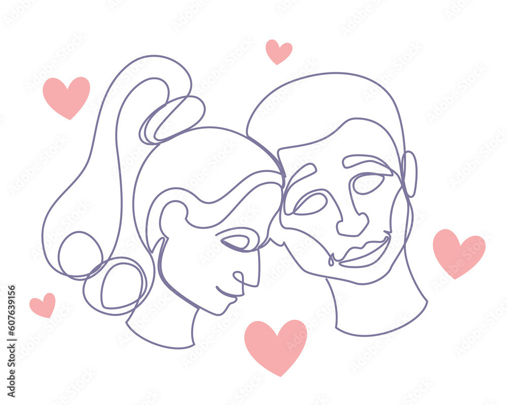 Abstract man and woman by one line vector illustration. Romantic couple touching heads, enjoying intimacy together with hearts on white background. Love, romance, Valentines day concept Abstract man and woman by one line vector illustration. Romantic couple touching heads, enjoying intimacy together with hearts on white background. Love, romance, Valentines day concept