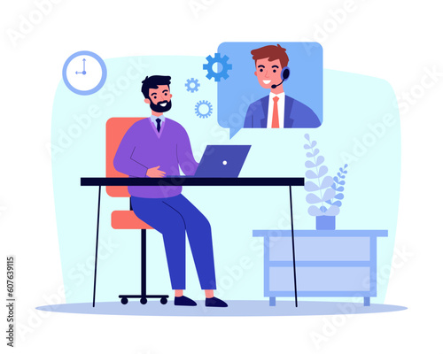 Man talking to web consultant vector illustration. Cartoon virtual assistant advising client via chat messenger app on laptop. Online customer support, artificial intelligence concept