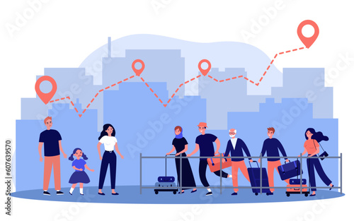 People migrating due to climate vector illustration. Happy people with suitcases moving to different country, route on map. Migration and climate crisis, resettlement of people concept