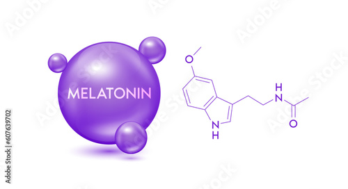 Melatonin model purple and structural chemical formula. Symbol 3D icon isolated on white background. Hormone melatonin promote deep sleep. Medical scientific concepts. Vector EPS10 illustration.