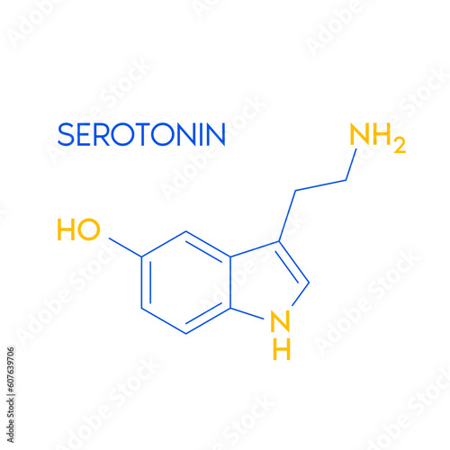 Serotonin structural chemical formula isolated on white background. Hormone melatonin promote deep sleep. Medical scientific concepts. Vector EPS10 illustration.