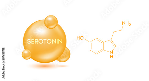 Serotonin model orange and structural chemical formula. Symbol 3D icon isolated on white background. Hormone serotonin in brain. Medical scientific concepts. Vector EPS10 illustration.