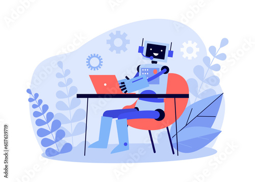Happy comic customer service support robot at laptop. Robotic character with headset as assistant or chatbot vector illustration. Modern technology, assistance, artificial intelligence concept