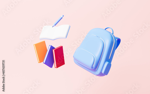 Cartoon schoolbag and books on the pink background, 3d rendering.