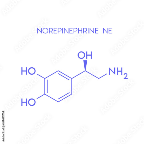Norepinephrine structural chemical formula isolated on white background. Hormone melatonin promote deep sleep. Medical scientific concepts. Vector EPS10 illustration.