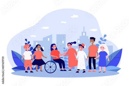 Happy children of different cultures vector illustration. Multicultural kids, girl in wheelchair, African American, Arabic and Caucasian boys and girls. Diversity, childhood, inclusion concept