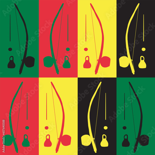 Geometric pattern of rectangles and berimbau in green, red, yellow and black colors. Seamless vector illustration for various prints.
