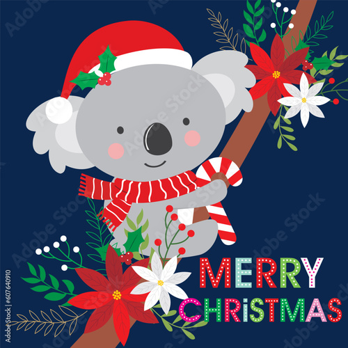 christmas card with cute koala and wreath