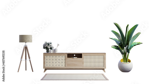 Modern living room decor with a tv cabinet isolated on transparent background.3d rendering