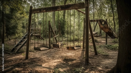 an old abandoned playground with dilapidated swings in the forest. Generative AI