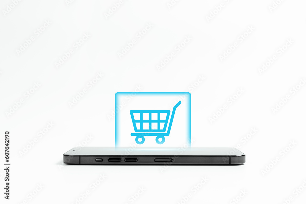 Shopping cart icons on smartphone white background. online shopping concept. marketing sale network on mobile phone and service online payment. Shopping cart icons on smartphone white background. online shopping concept. marketing sale network on mobile phone and service online payment.