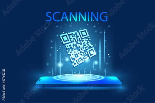 QR code verification banner. Verification concept for online shopping, shopping special offer promotion, and marketing via smartphone. 3d hand with smartphone scanning QR code. Template design for web