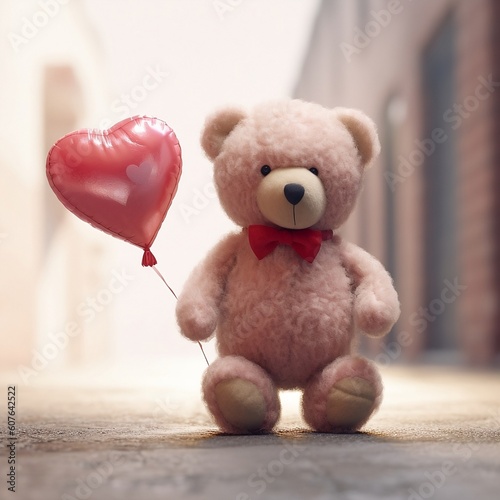 Um ursinho de pelúcia segurando um balão em forma de coração, com a frase “Feliz dia dos namorados” escrita nele. Generative ai photo