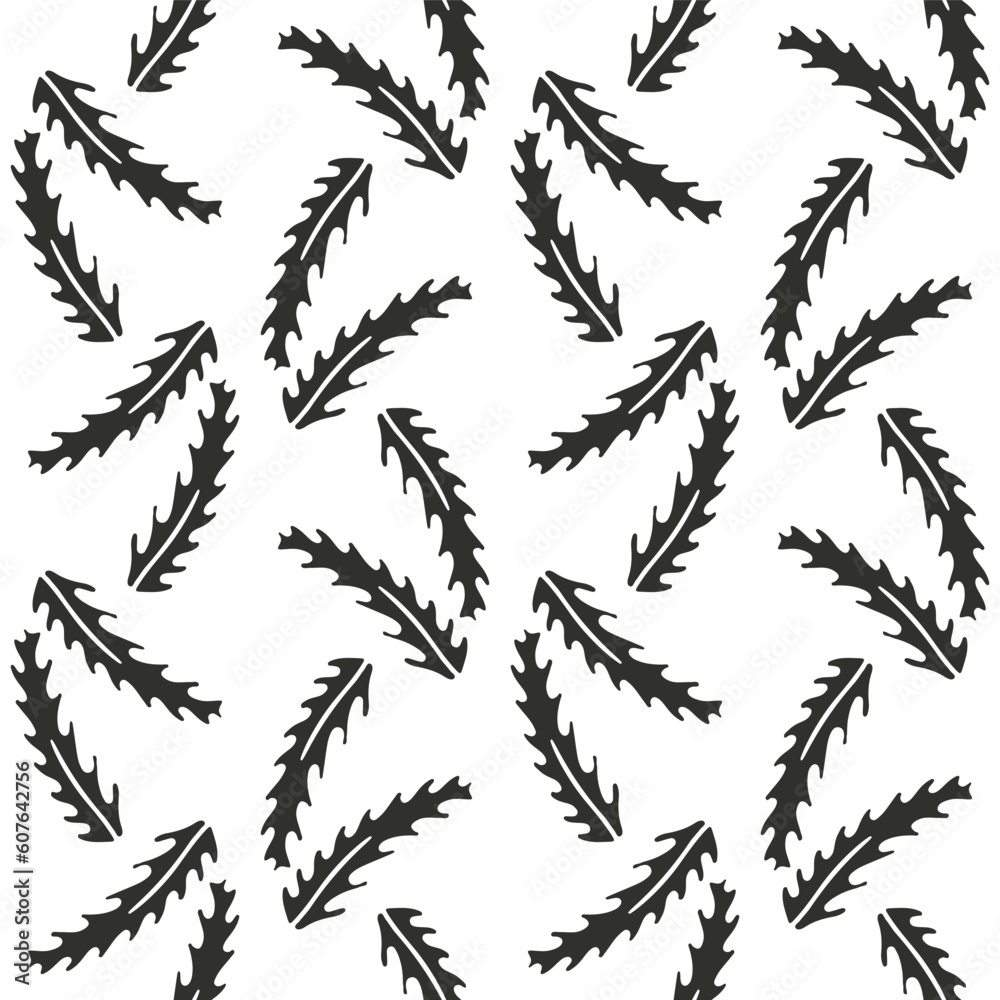 Monochrome seamless pattern with black leaves silhouettes on white background