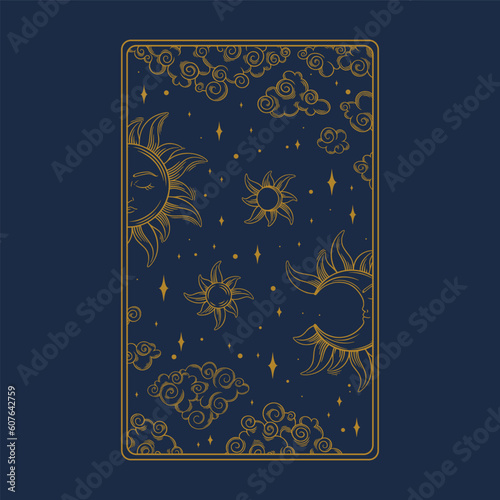 Tarot aesthetic golden card. Decorative tarot pattern for oracle card covers. Vector illustration isolated in blue background