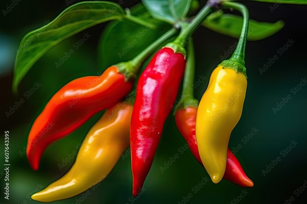 red and yellow peppers hanging from a plant Generative AI
