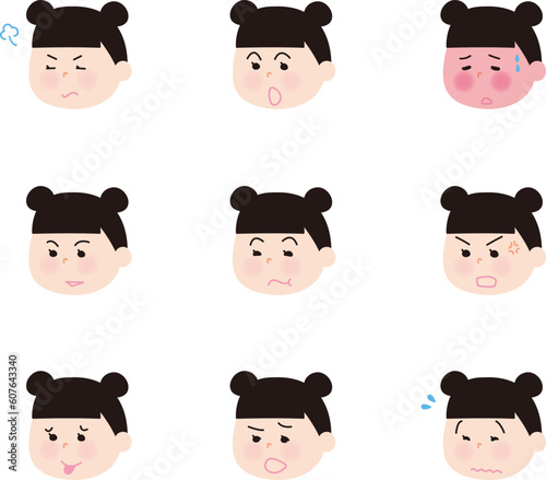 黒髪二つ結びの女の子　顔バリエーション4c　a