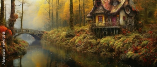 Wooden house in the forest with autumn trees. river side  generative ai