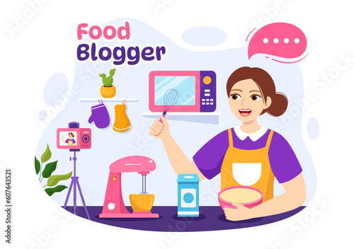 Food Blogger Vector Illustration with Influencer Review and Share it on the Blog in Flat Cartoon Hand Drawn Landing Page Background Templates