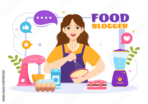 Food Blogger Vector Illustration with Influencer Review and Share it on the Blog in Flat Cartoon Hand Drawn Landing Page Background Templates