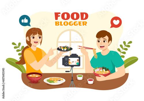 Food Blogger Vector Illustration with Influencer Review and Share it on the Blog in Flat Cartoon Hand Drawn Landing Page Background Templates