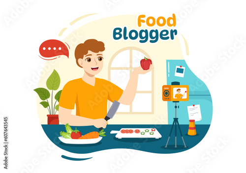 Food Blogger Vector Illustration with Influencer Review and Share it on the Blog in Flat Cartoon Hand Drawn Landing Page Background Templates