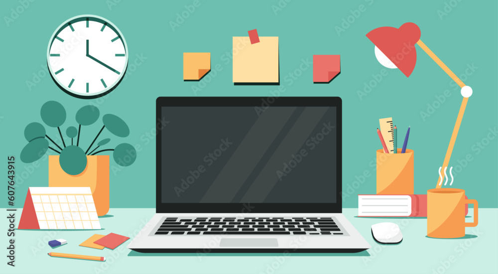 home office workspace concept, blank screen laptop computer on table with mouse, book, cup, pencil holder, lamp, calendar, and plant on desk, and post it note, clock on wall, vector flat illustration - obrazy, fototapety, plakaty 