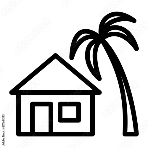 Tropical house or villa icon with a coconut tree beside it