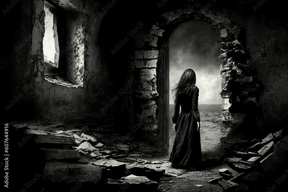 A young girl stands in the doorway of a building that has long since crumbled to ruins, her back is turned to us, as she looks out into an endless expanse of darkness that seems to stretch on forever.