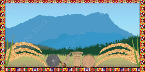 landscape with mount Kinabalu in the background, paddy field in the middle ground, and handicrafts and paddy in the foreground. Cross stitches are also used to decorate. Suitable as a stage backdrop